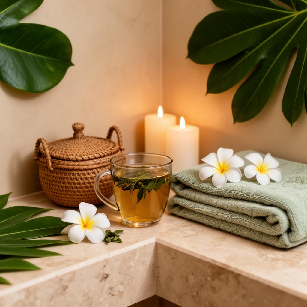 Kräutertee, Blüten und grüne Tücher im Bali-Stil